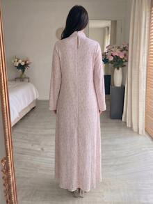 Yasmyna 女款春夏黃色編織紋理印花長袖立領3D花卉優雅浪漫阿拉伯風洋裝 - 粉色 - 查看 2