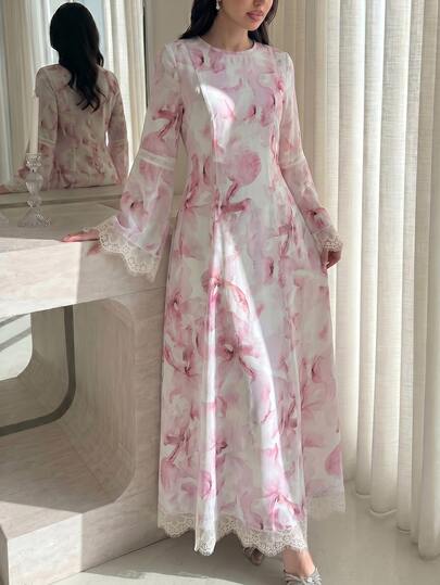 Yasmyna Pink Floral Print Lace-Trim Abaya Maxi Dress Round Neck With Long Bell Sleeves Round Neck With Long Bell Sleeves Elegant Dresses For Women