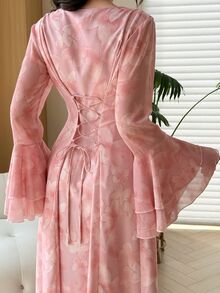 Yasmyna Women's Pink Spring/Summer Slim Fit Flattering Round Neck Floral Print Ruffle Flare Long Sleeve Maxi Dress Elegant Date Party Vacation Outfit - Multicolor - View 3