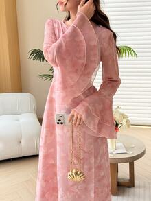 Yasmyna Women's Pink Spring/Summer Slim Fit Flattering Round Neck Floral Print Ruffle Flare Long Sleeve Maxi Dress Elegant Date Party Vacation Outfit - Multicolor - View 4