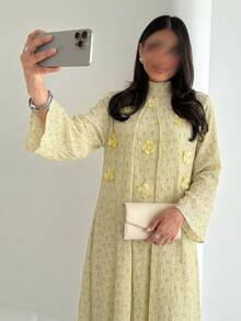 Yasmyna 女款夏季開齋節黃色編織花卉印花長袖立領長洋裝，3D貼花紋理端莊阿拉伯風長裙 - 黃色 - 查看 9