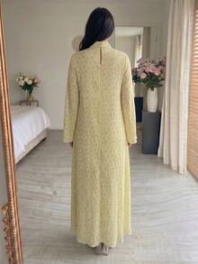 Yasmyna 女款夏季開齋節黃色編織花卉印花長袖立領長洋裝，3D貼花紋理端莊阿拉伯風長裙 - 黃色 - 查看 3