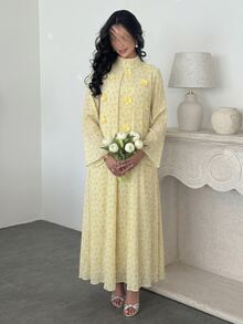 Yasmyna 女款夏季開齋節黃色編織花卉印花長袖立領長洋裝，3D貼花紋理端莊阿拉伯風長裙 - 黃色 - 查看 7