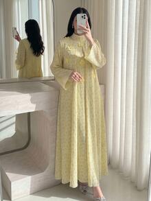 Yasmyna 女款夏季開齋節黃色編織花卉印花長袖立領長洋裝，3D貼花紋理端莊阿拉伯風長裙 - 黃色 - 查看 2