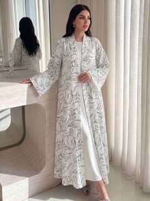 Yasveil Elegant Printed Headscarf Long Sleeve Flared Women's Abaya - Black and White - View 1