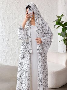 Yasveil Elegant Printed Headscarf Long Sleeve Flared Women's Abaya - Black and White - View 7
