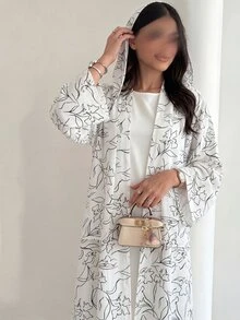 Yasveil Elegant Printed Headscarf Long Sleeve Flared Women's Abaya - Black and White - View 4