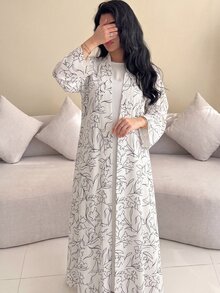 Yasveil Elegant Printed Headscarf Long Sleeve Flared Women's Abaya - Black and White - View 3