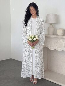 Yasveil Elegant Printed Headscarf Long Sleeve Flared Women's Abaya - Black and White - View 5