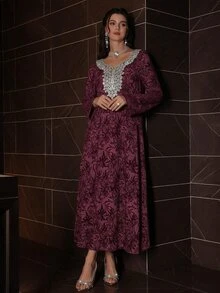 Yasmyna Women Summer Modest Purple Wedding Guest Elegant Rhinestone Traditional Vacation Abaya Dress - Purple - View 4