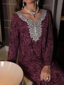 Yasmyna Women Summer Modest Purple Wedding Guest Elegant Rhinestone Traditional Vacation Abaya Dress - Purple - View 7