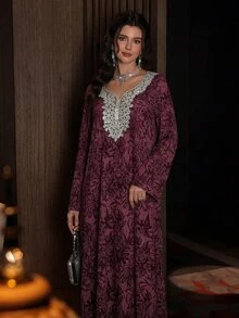 Yasmyna Women Summer Modest Purple Wedding Guest Elegant Rhinestone Traditional Vacation Abaya Dress - Purple - View 8
