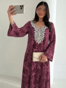 Yasmyna Women Summer Modest Purple Wedding Guest Elegant Rhinestone Traditional Vacation Abaya Dress - Purple - View 3