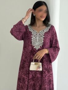 Yasmyna Women Summer Modest Purple Wedding Guest Elegant Rhinestone Traditional Vacation Abaya Dress - Purple - View 9