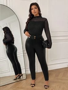 Femmeverse Quần legging PU lót nỉ giữ nhiệt size lớn thời trang thu đông màu đen gợi cảm cho tiệc đêm - màu đen - Xem 4