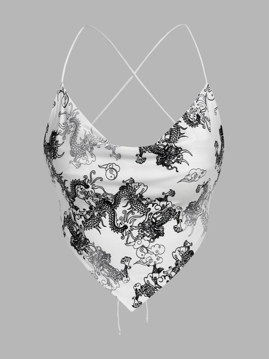 SHEIN ICON Chinese Dragon Graphic Lace Up Backless Crop Cami Y2K Top - White - View 1