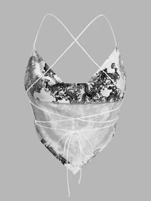 SHEIN ICON 龍圖案綁繩後背露背短款上衣 - 白色 - 查看 2