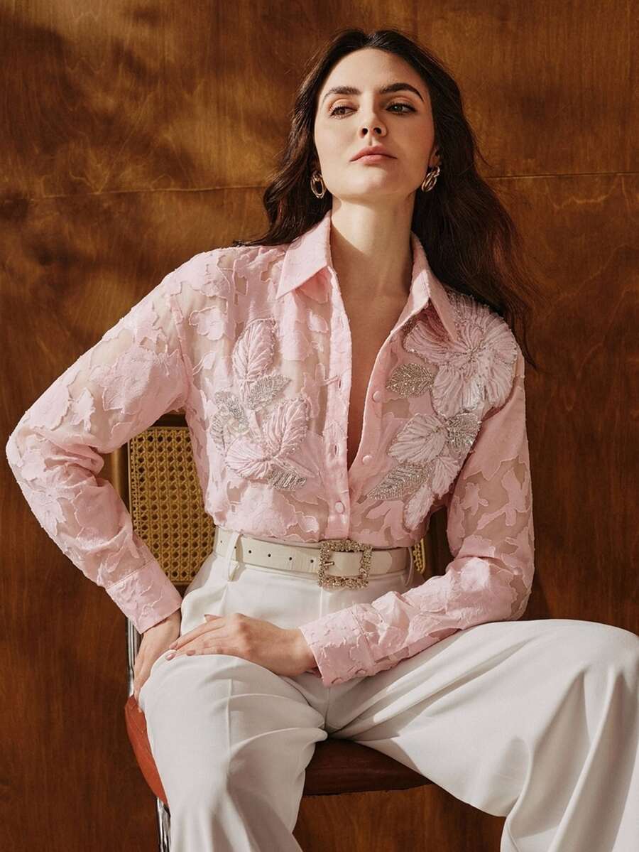 Anewsta Women's Elegant Pink Applique 3D Floral Long Sleeve Textured Fabric Cut-Out Blouse - Pink - View 1