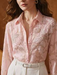 Anewsta Women's Elegant Pink Applique 3D Floral Long Sleeve Textured Fabric Cut-Out Blouse - Pink - View 2
