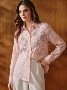 Anewsta Women's Elegant Pink Applique 3D Floral Long Sleeve Textured Fabric Cut-Out Blouse - Pink - View 5