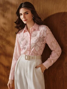 Anewsta Women's Elegant Pink Applique 3D Floral Long Sleeve Textured Fabric Cut-Out Blouse - Pink - View 4