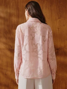 Anewsta Women's Elegant Pink Applique 3D Floral Long Sleeve Textured Fabric Cut-Out Blouse - Pink - View 6