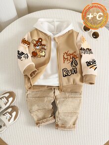 SHEIN 中性嬰兒男孩/女孩幼兒 2件組秋冬保暖內裡加厚拼色棒球夾克與牛仔褲衛衣套裝，嬰兒冬季服飾/穿搭，街頭風 - 卡其色 - 查看 8