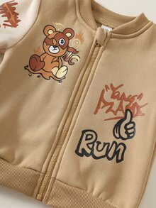 SHEIN 中性嬰兒男孩/女孩幼兒 2件組秋冬保暖內裡加厚拼色棒球夾克與牛仔褲衛衣套裝，嬰兒冬季服飾/穿搭，街頭風 - 卡其色 - 查看 4