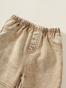 SHEIN 中性嬰兒男孩/女孩幼兒 2件組秋冬保暖內裡加厚拼色棒球夾克與牛仔褲衛衣套裝，嬰兒冬季服飾/穿搭，街頭風 - 卡其色 - 查看 6