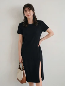 Yumoku Dress Split Thigh Plain Casual - Hitam - View 6