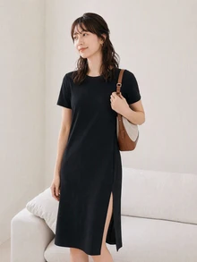 Yumoku Dress Split Thigh Plain Casual - Hitam - View 1
