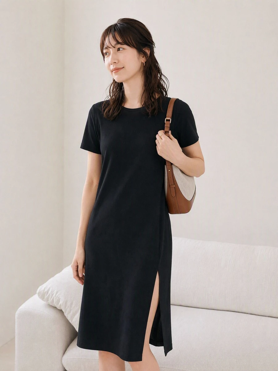 Yumoku Dress Split Thigh Plain Casual - Hitam - View 1