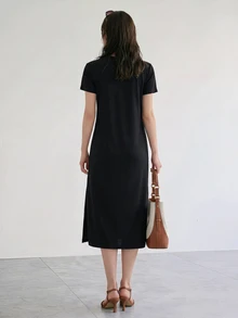 Yumoku Dress Split Thigh Plain Casual - Hitam - View 5
