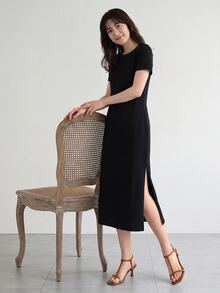 Yumoku Dress Split Thigh Plain Casual - Hitam - View 4