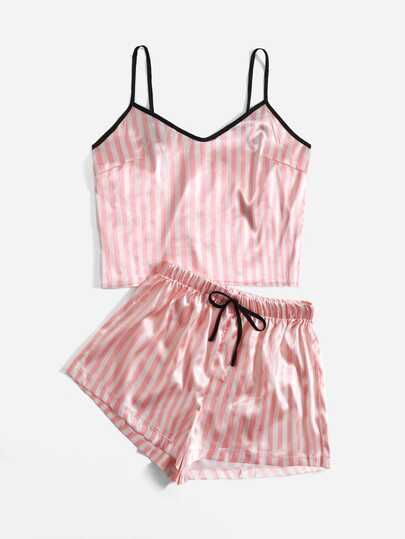 SilkySpell Striped Print Satin Cami Pajama Set Holiday Season