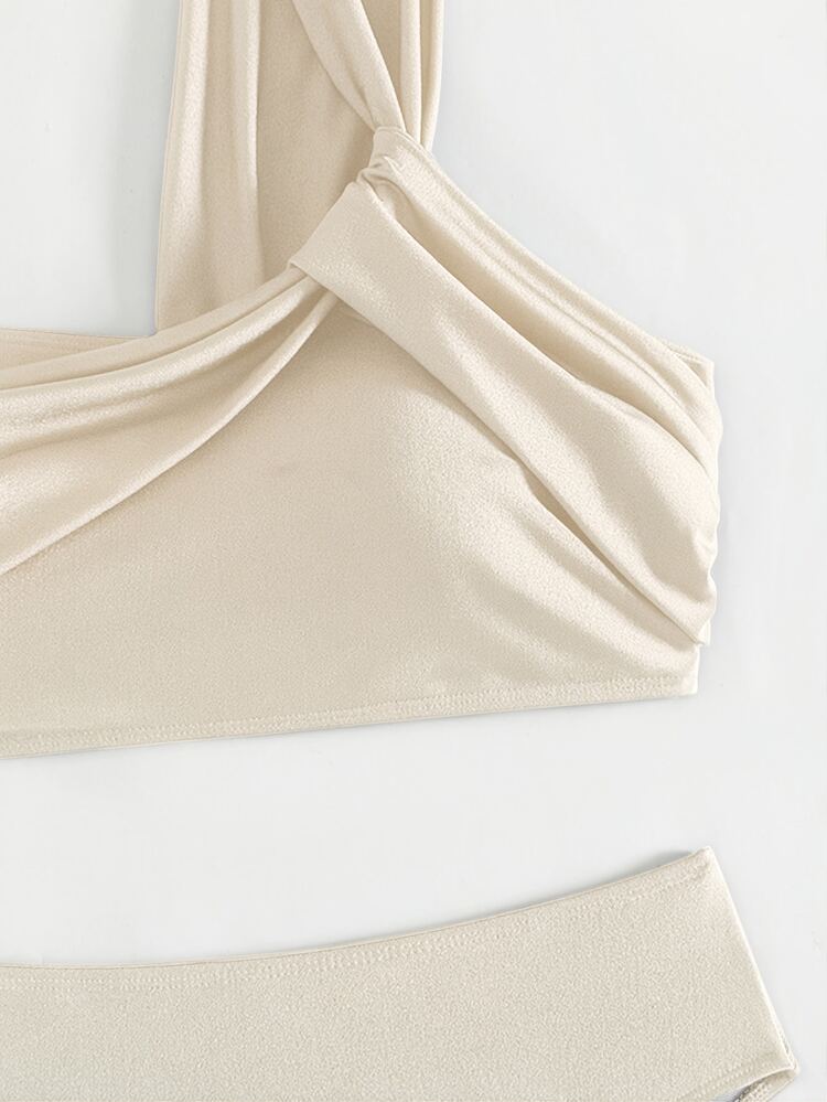 Costavie Women's Summer Beach Solid Color One-Shoulder Bikini Top And Triangle Bottom Two-Piece Swimwear Set - Beige - View 4