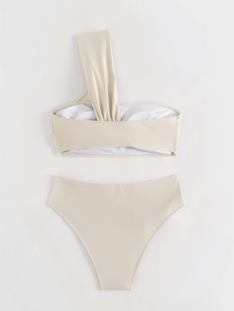 Costavie Women's Summer Beach Solid Color One-Shoulder Bikini Top And Triangle Bottom Two-Piece Swimwear Set - Beige - View 2
