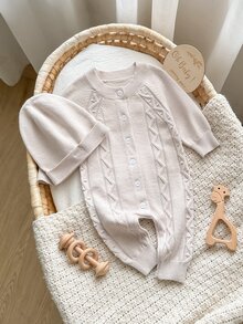 SHEIN Baby Boy Solid Color Casual Daily Knit Long Sleeve One-Piece Jumpsuit - Coffee Brown - View 6