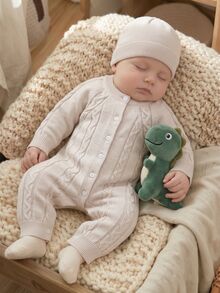 SHEIN Baby Boy Solid Color Casual Daily Knit Long Sleeve One-Piece Jumpsuit - Coffee Brown - View 1