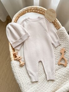 SHEIN Baby Boy Solid Color Casual Daily Knit Long Sleeve One-Piece Jumpsuit - Coffee Brown - View 2