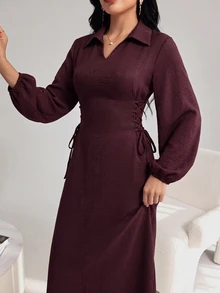 Al Najma Spring/Autumn Burgundy Lapel Side Tie Waist Dress Burgundy Office Fall/Winter Going Out Fall Clothes For Women Dress - Burgundy - View 3