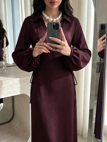 Al Najma Spring/Autumn Burgundy Lapel Side Tie Waist Dress Burgundy Office Fall/Winter Going Out Fall Clothes For Women Dress - Burgundy - View 6