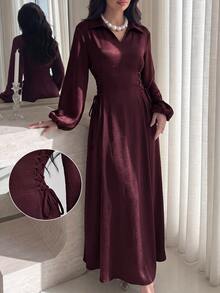 Al Najma Spring/Autumn Burgundy Lapel Side Tie Waist Dress Burgundy Office Fall/Winter Going Out Fall Clothes For Women Dress - Burgundy - View 1