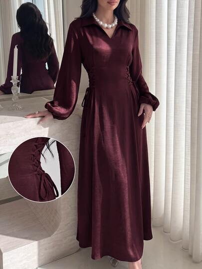 Al Najma Spring/Autumn Burgundy Lapel Side Tie Waist Dress Burgundy Office Fall/Winter Going Out Fall Clothes For Women Dress