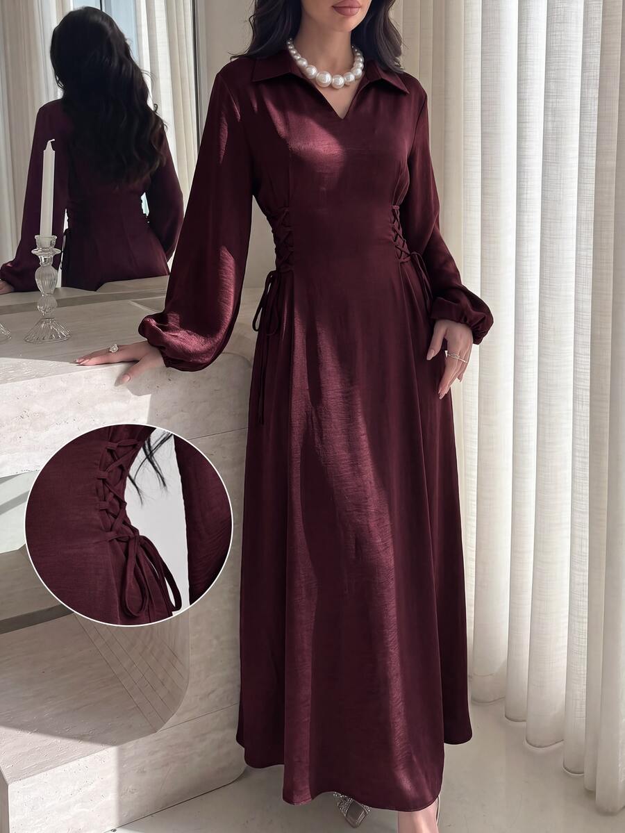 Al Najma Spring/Autumn Burgundy Lapel Side Tie Waist Dress Burgundy Office Fall/Winter Going Out Fall Clothes For Women Dress - Burgundy - View 1