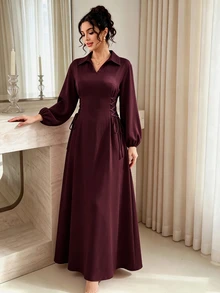Al Najma Spring/Autumn Burgundy Lapel Side Tie Waist Dress Burgundy Office Fall/Winter Going Out Fall Clothes For Women Dress - Burgundy - View 9