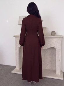 Al Najma Spring/Autumn Burgundy Lapel Side Tie Waist Dress Burgundy Office Fall/Winter Going Out Fall Clothes For Women Dress - Burgundy - View 8