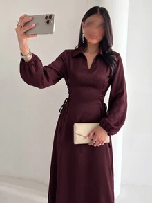 Al Najma Spring/Autumn Burgundy Lapel Side Tie Waist Dress Burgundy Office Fall/Winter Going Out Fall Clothes For Women Dress - Burgundy - View 7