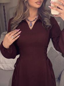 Al Najma Spring/Autumn Burgundy Lapel Side Tie Waist Dress Burgundy Office Fall/Winter Going Out Fall Clothes For Women Dress - Burgundy - View 4