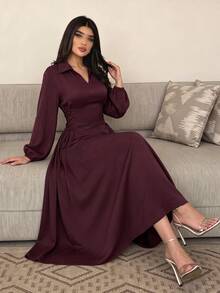 Al Najma Spring/Autumn Burgundy Lapel Side Tie Waist Dress Burgundy Office Fall/Winter Going Out Fall Clothes For Women Dress - Burgundy - View 2